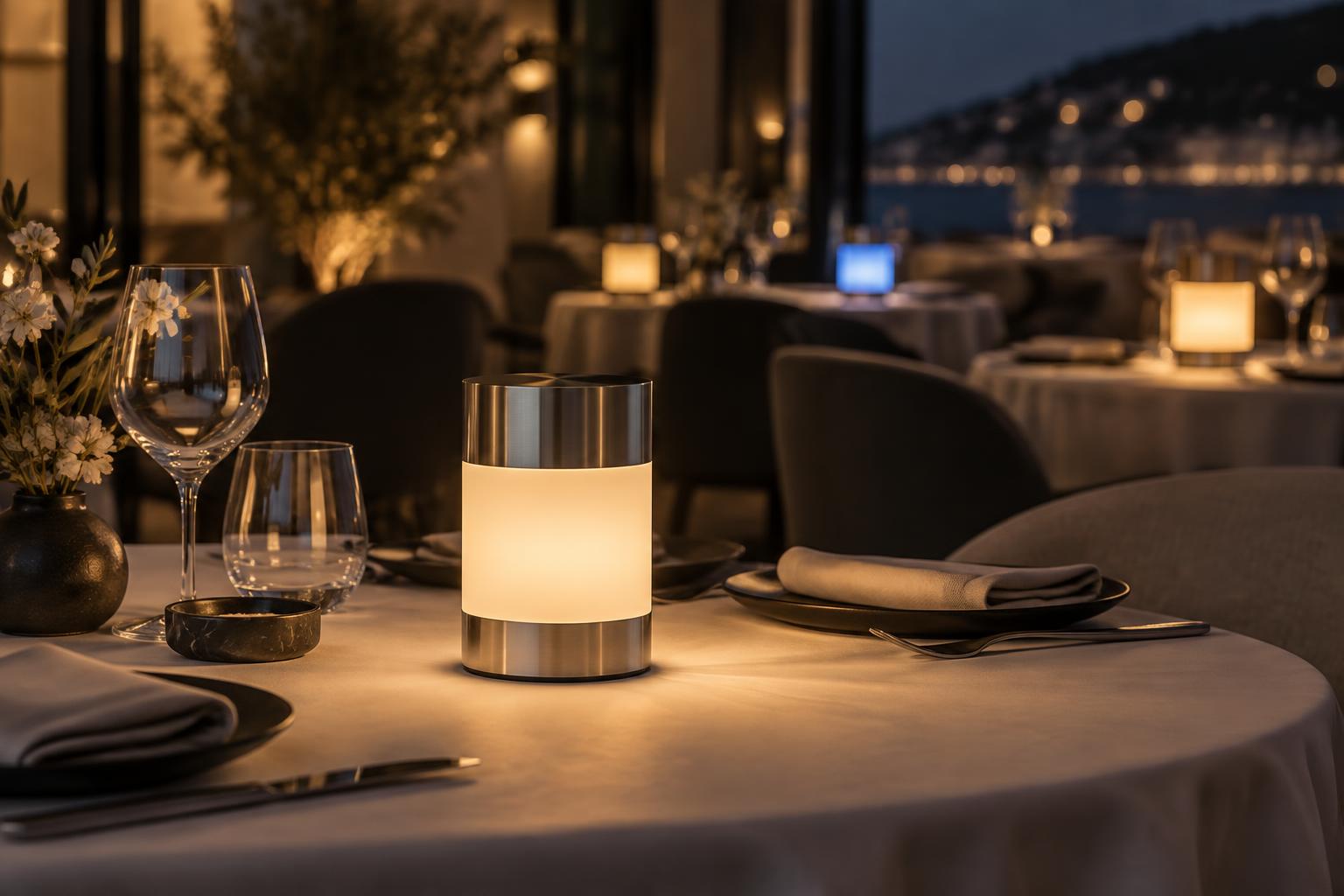 SERVELUX ONE auf einem gedeckten Restauranttisch am Abend